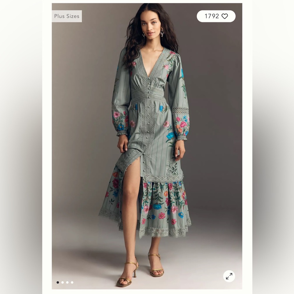 By Anthropologie Floral Vines Printed Button Front Crochet Inset Midi Dress XL